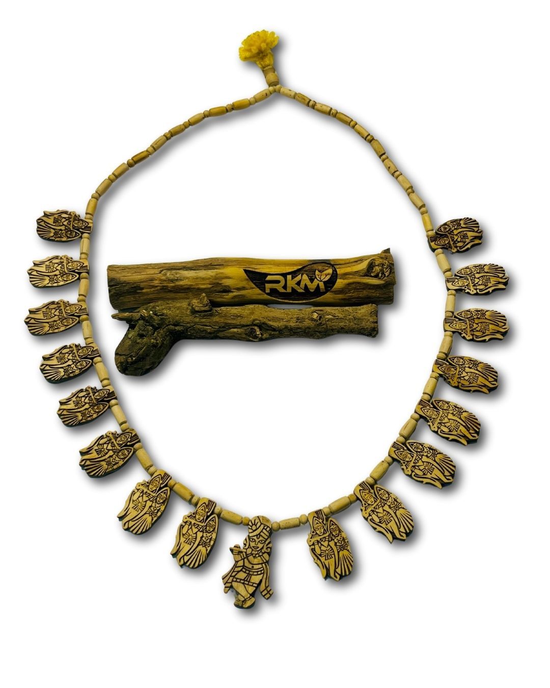 Close-up view of 16 Patta Jugal Tulsi Mala showing natural Tulsi wood beads and traditional craftsmanship.
