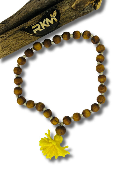 Close-up view of Brown Tulsi Sumarni 27+1 Beads showing natural Tulsi wood texture and smooth bead finish.