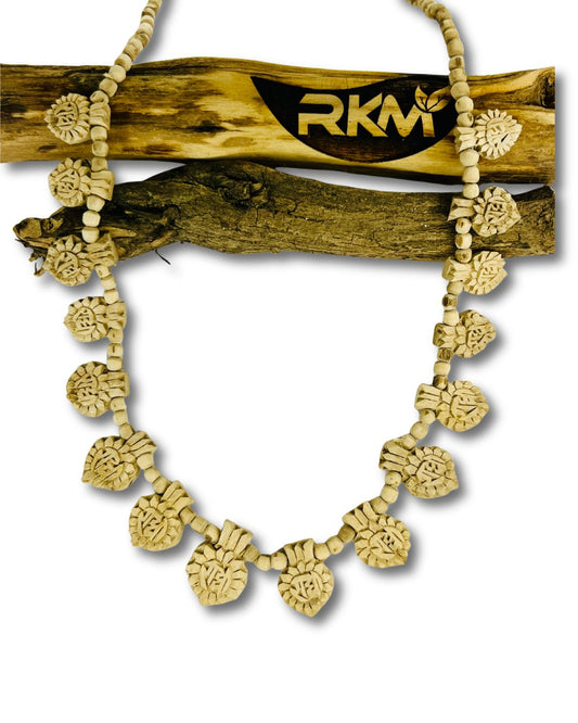 Close-up image of Hand Made 16 Patta Tulsi Mala showing natural Tulsi wood and traditional bead craftsmanship.