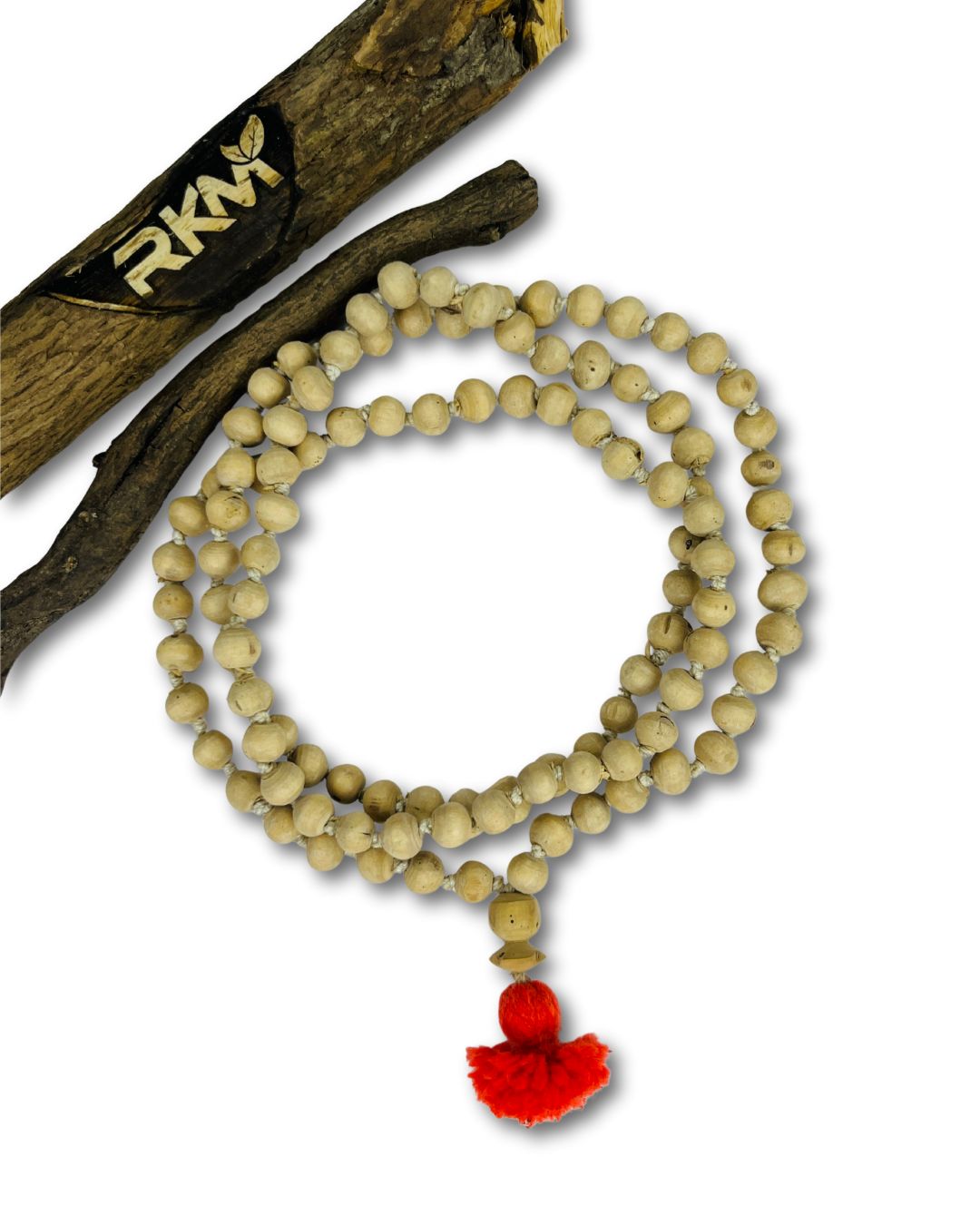 Close-up image of Real Tulsi Japa Mala showing natural Tulsi wood beads with smooth finish and traditional craftsmanship.